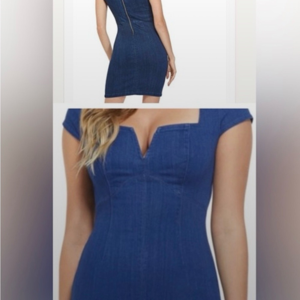 Guess Dark Blue Denim Mini Dress with Notch Neck - Picture 2 of 5